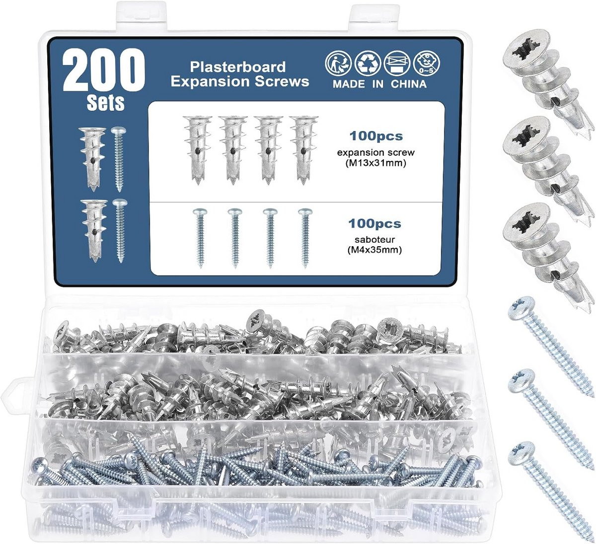 200 Heavy Duty zelfborende metalen gipsplaatbevestigingen met schroeven