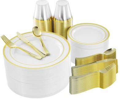 Elama 600 Piece Disposable Plastic Dinnerware Party Set for 100 Guests in White with Gold Trim