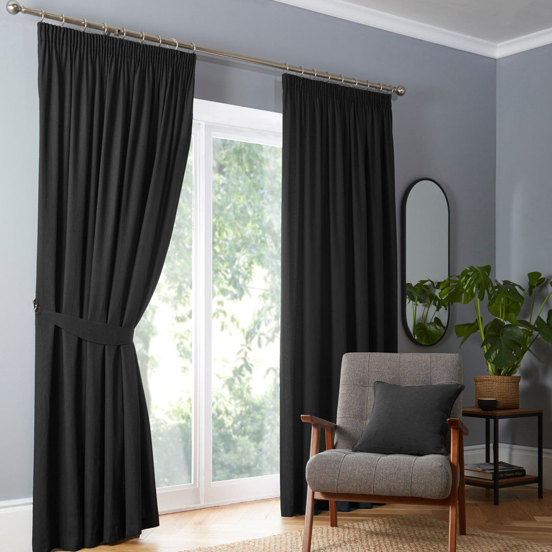 Fusion Dijon 100% Cotton Blackout Curtain Pair Black Width 168 x Drop 183 cm