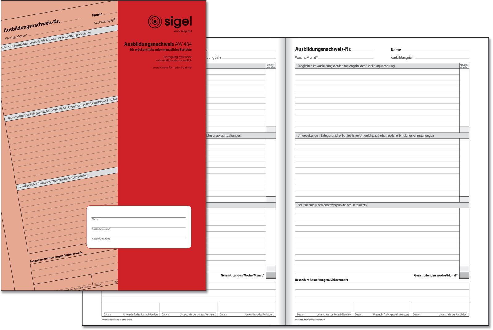 SIGEL Formularbuch Ausbildungsnachweis, wöchentliche/monatliche Eintragungen DIN A4 1x 28 Seiten AW484