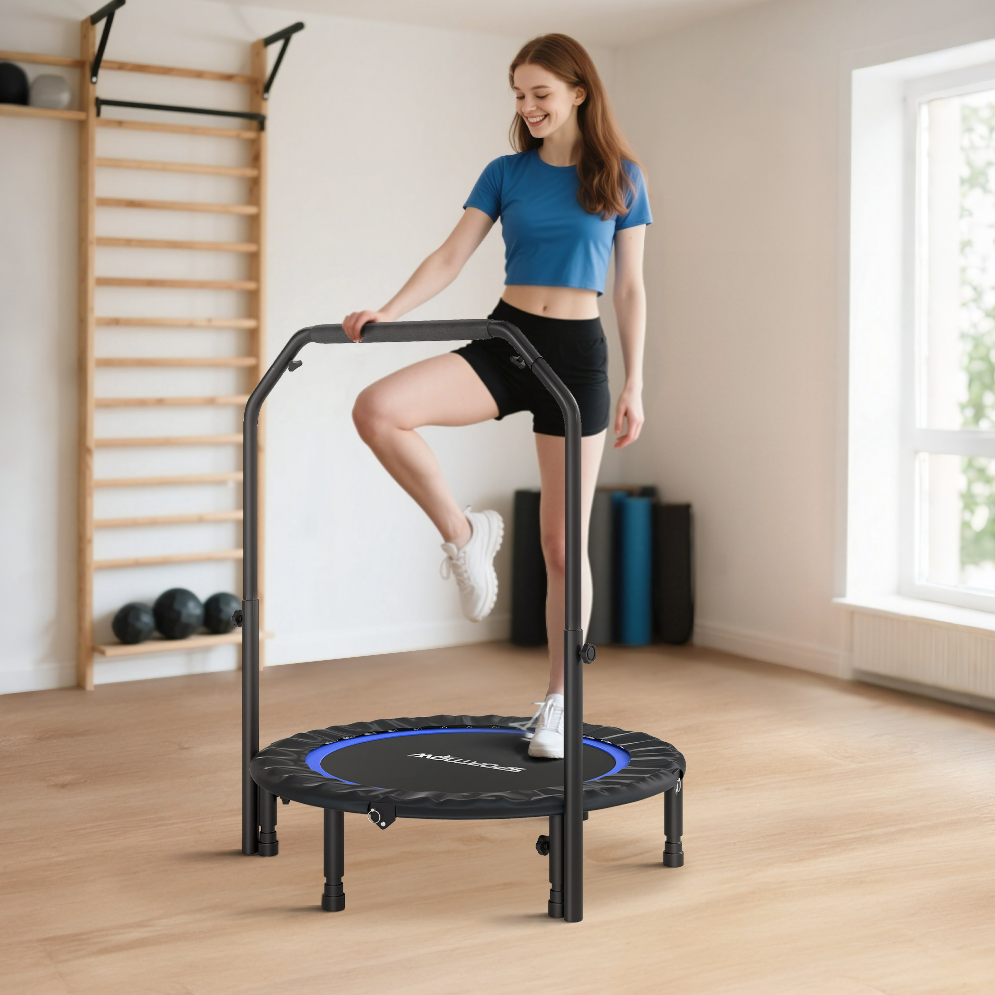 Sportnow Trampolino Fitness Pieghevole Ø102 cm con Manubrio Regolabile, Struttura in Acciaio, Blu e Nero   Aosom Italy
