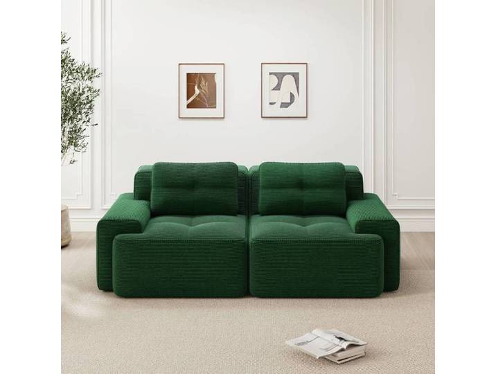 Canapé modulaire sans accoudoirs en velours côtelé vert assise basse convertible style moderne