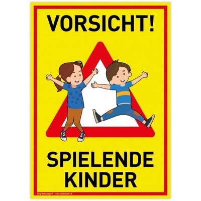 Großes Schild Vorsicht! Spielende Kinder | PVC 30 x 42 cm | Achtung Spieplatz | Langsam! Spielende Kinder | gelb | PVC-Schild mit UV-Schutz | Dreifke