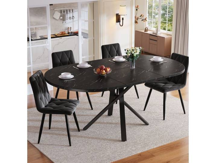 MEUBLIV Ensemble repas 5 pièces table ronde extensible 100-140 cm et 4 chaises velours noir