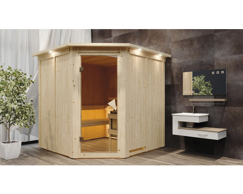 Elementsauna Karibu Piemon inkl. 9 kW Ofen u.ext.Steuerung mit Dachkranz und bronzierter Ganzglastüre