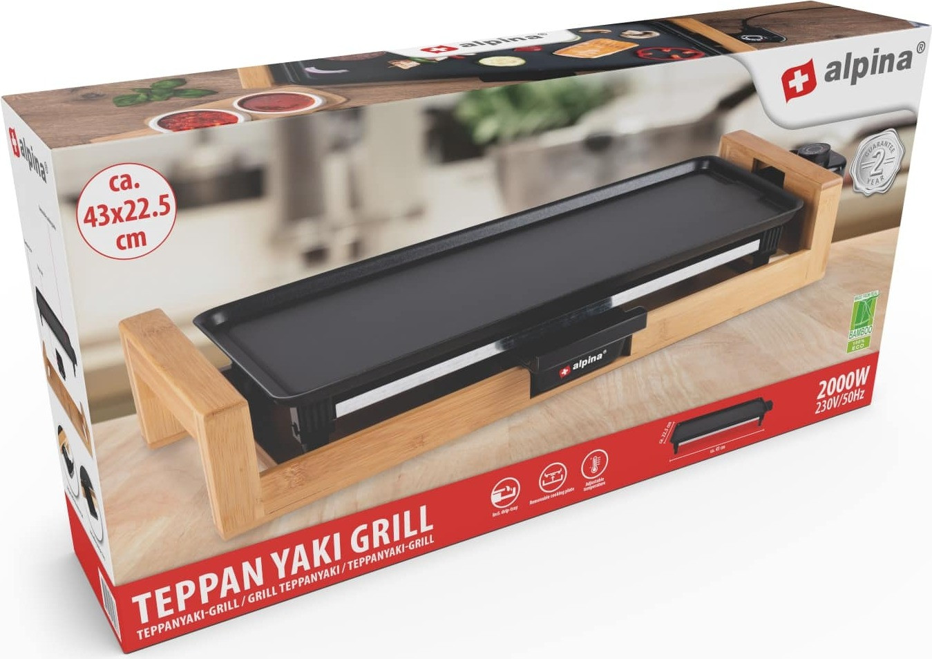 Alpina Teppanyaki-grill 2000 W met bamboe behuizing, 43 x 22,5 cm