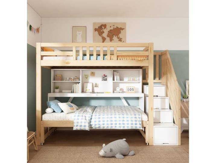 Lit mezzanine enfant EVRYAE 90x200/90x190 avec lit gigogne bureau rangement et échelle blanc chêne