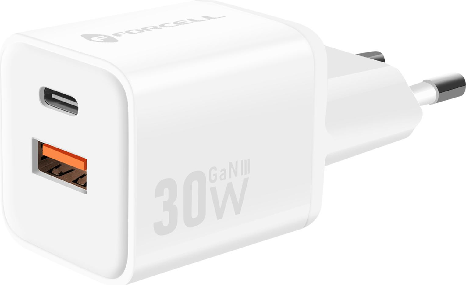 Forcell GaN 30W netadapter met USB-C en USB, wit, mini formaat