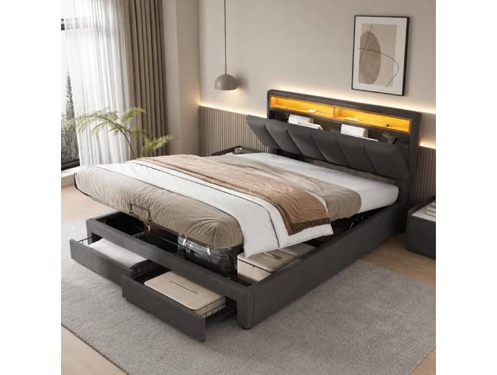 Lit coffre 140x190 cm avec LED - lit double tête de lit avec compartiment - lit coffre avec 2 tiroirs - Lin Gris