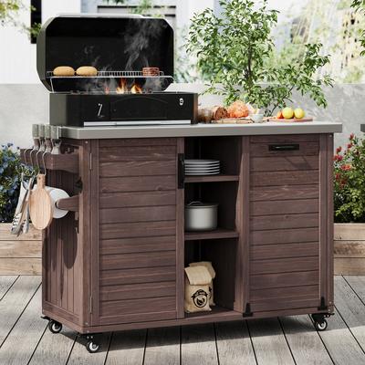 toswini 78.3 Inch Outdoor Grill Cart with Foldable Table Fir Wood Stainless Steel Top