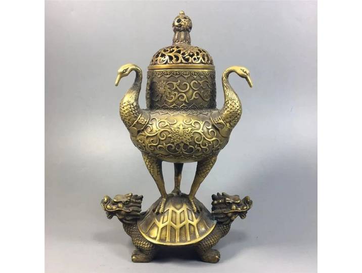 Brûleur d'encens de grue de tortue en cuivre pur, collection de cuivre ancien chinois