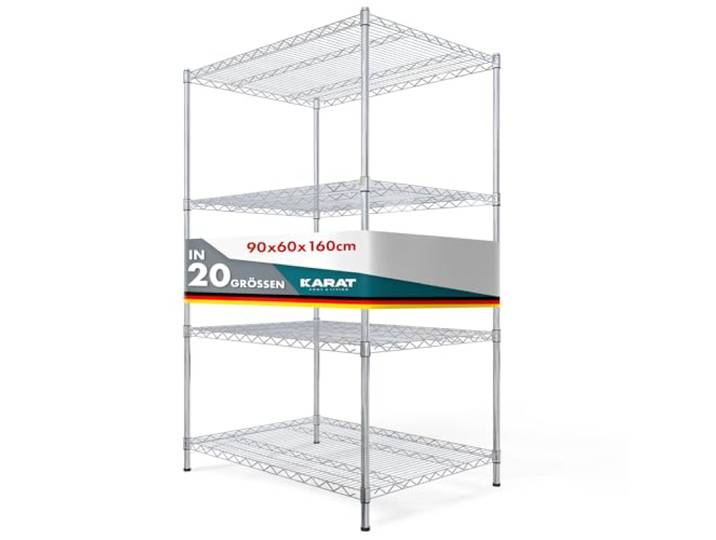 KARAT Metallregal dekoratives & Robustes Lagerregal, Kellerregal für Bad, Küche, Büro, Wohn- und Außenräume (90x60x160-chrome-everest ⌀ 22mm)