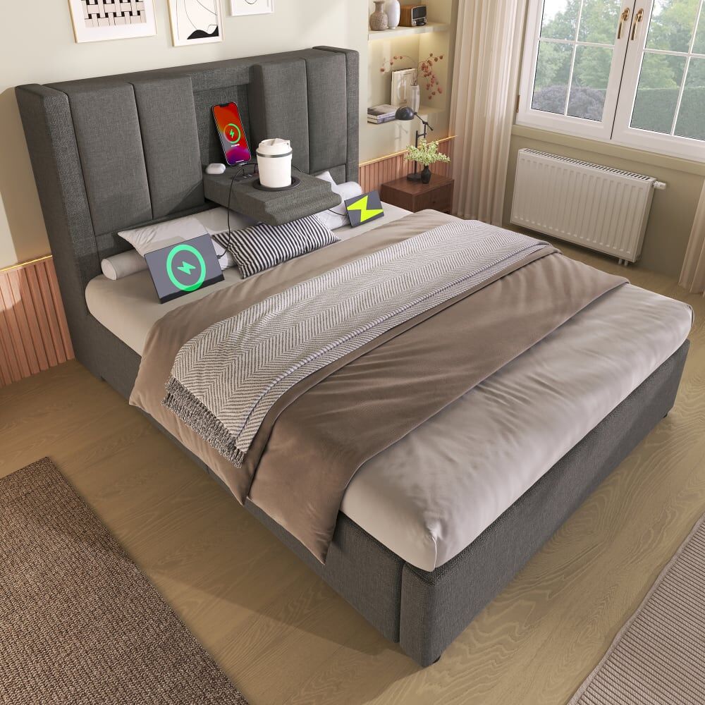 KOMHTOM Lit simple en lin gris 90x200 cm Gris 217x115x93cm