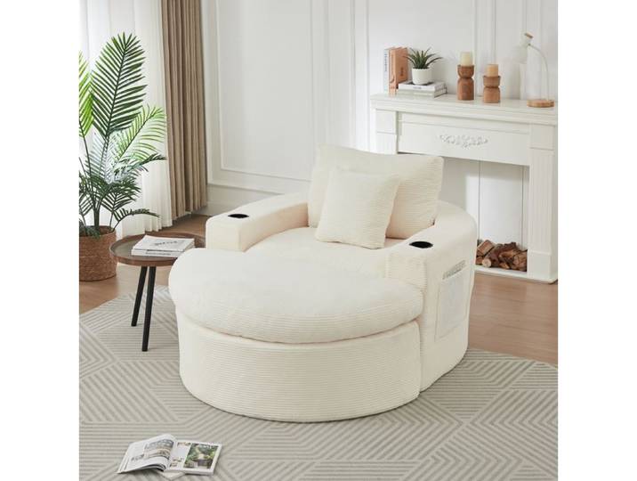 WOVREO Fauteuil canapé rond 1 place beige en velours côtelé avec pouf modulable porte-gobelets et poches