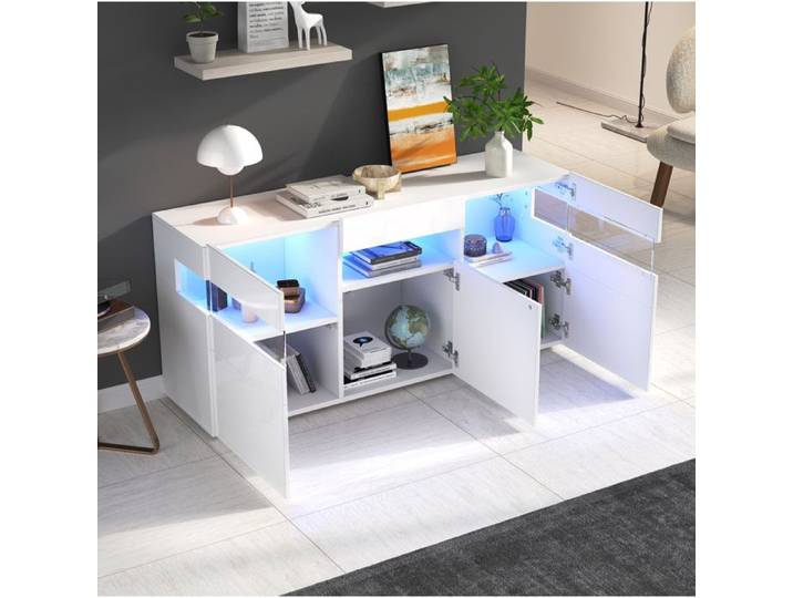 Buffet de Salon 3 Portes 7 Rangements et LED par Application - MEUNIQ - Blanc Brillant 140×40 5×66 5 cm