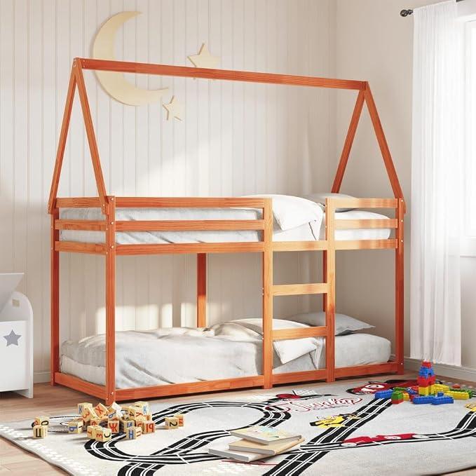 Etagenbett mit Dach Wachsbraun 90x200 cm Massivholz Kiefer Kinderbett mit Stauraum, Sicherheitsgitter, offener Dachseite, ideal für begrenzte Räume, langlebiges Holz