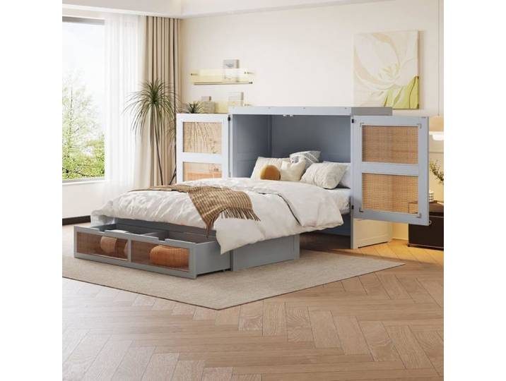 Lit Escamotable en Bois avec Tiroir de Rangement Lit Plateforme Peut être Transformé en Armoire Cadre de lit 140x200cm Gris