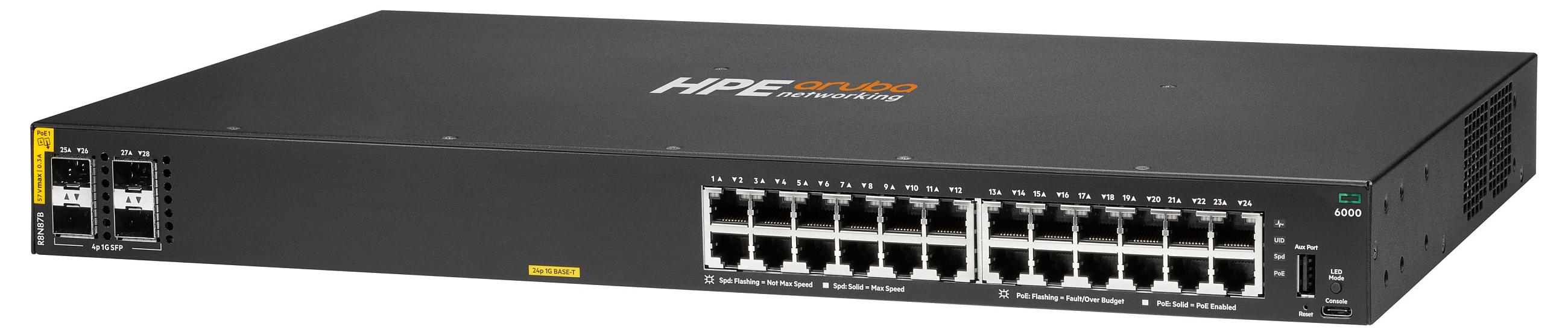 HPE Aruba Networking Networking CX6000 24p 10M/100M/1G Class4 PoE 4p SFP 1G 370W Switch, Managed, L3, Gigabit Ethernet (10/100/1000), Power over Ethernet (PoE), Rack-Einbau, 1U