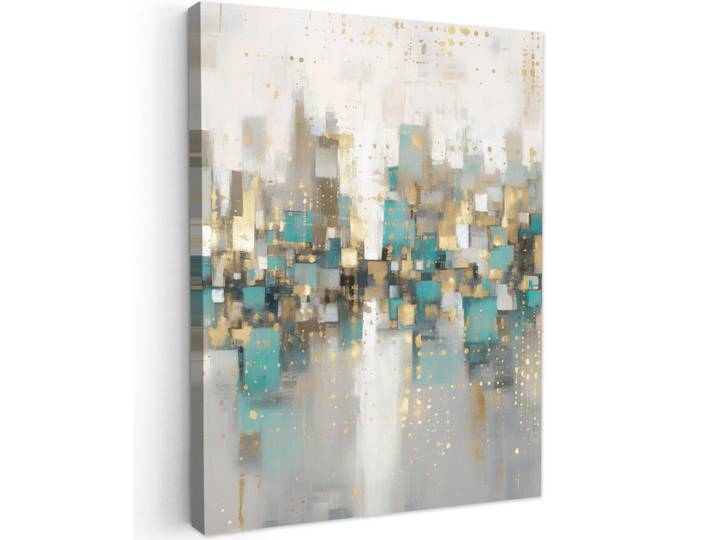 MuchoWow Leinwandbild - Abstrakt - Blöcke - Gold - Skyline - 60x80 - Gemälde, Beige, Textil, Kiefer, Rechteckig, 60x80 cm, gerahmt, Bilder & Rahmen, Bilder, Wandbilder