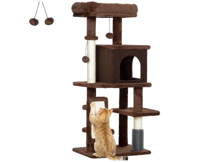 Arbre à gratter pour chat Pawhut 104 cm avec plateformes, poteau avec brosse, balles suspendues et tapis à gratter, marron