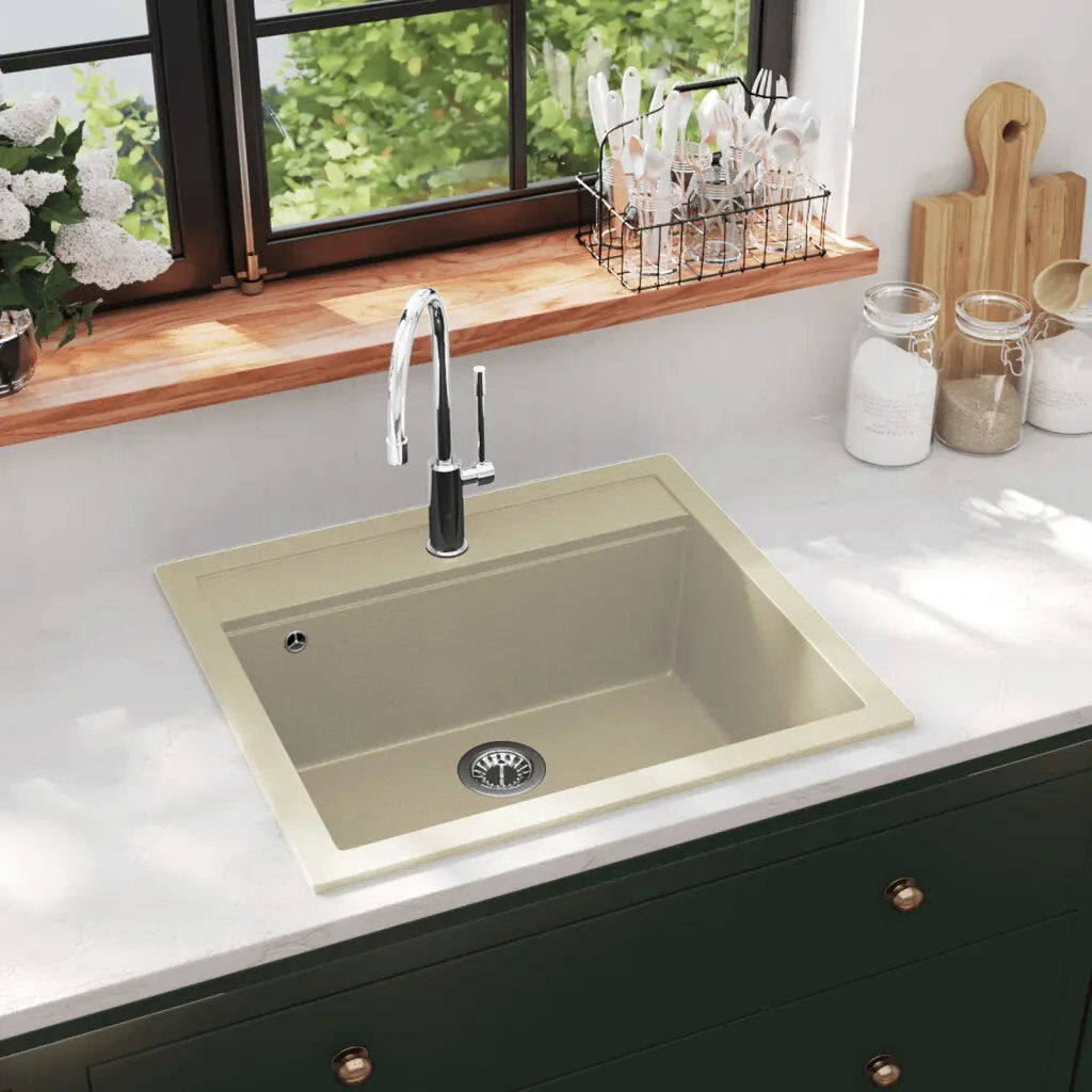 Belfry Kitchen Lenora 510mm W Single Bowl Stone Kitchen Sink Beige 565mm L
