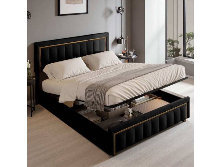 Lit coffre 140x200 lit 140x200 avec sommier lit double rembourré lit adulte conception plaquée or velours noir
