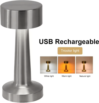 Inspire Curations Rechargeable LED Table Lamp 3 Color Touch Control Retro Mushroom Desk Light silver