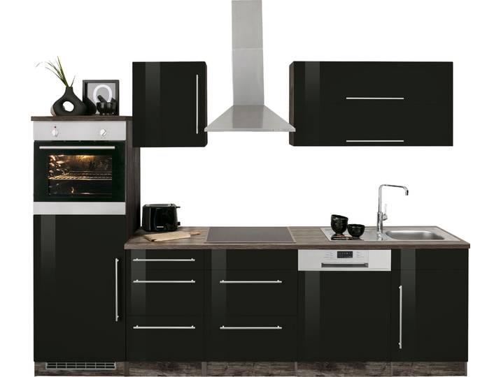 Küchenzeile, Spanplatte, Schwarz Hochglanz & Eiche Vintage, 280×60×200 cm, Mit Edelstahlspüle, Vintage, Kochstation