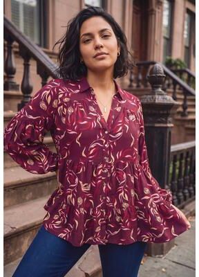 Plus Size Women's Flora Blouson Tiered Tunic by Avenue in Mahogany Red Vine (Size 16)