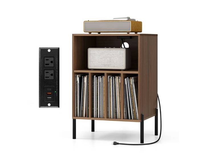 GOPLUS Petit Meuble de Rangement 53x45x78 5CM avec 5 Compartiments-Support pour Tourne-disque/Vinyle avec Station de Charge Marron