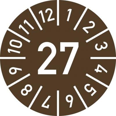 Dreifke® Prüfplakette Jahr 27 mit Monaten, braun, Dokumentenfolie, Ø 25 mm, 10 St./Bo.