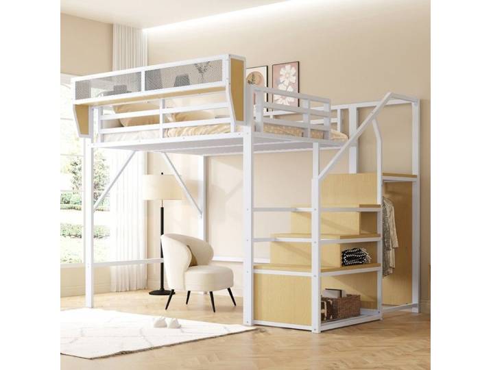 Lit mezzanine - 140 x 200 cm - Blanc - Étagère modulable - Échelle de sécurité