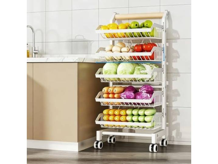 Dexinhdh 5-stöckiges Obst- und Gemüseregal, Obstkorbständer Vertikaler, rollbarer Servierwagen aus Metall für Küche und Vorratsschrank, Snack-Organizer(White)