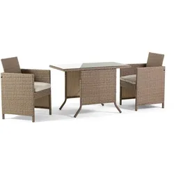 RATTATAN Garten-Set mit Tisch aus gehärtetem Glas und 2 ineinanderstellbaren Stühlen aus Polyrattan mit abnehmbaren Kissen, kompaktes, robustes Design–GARDA XL