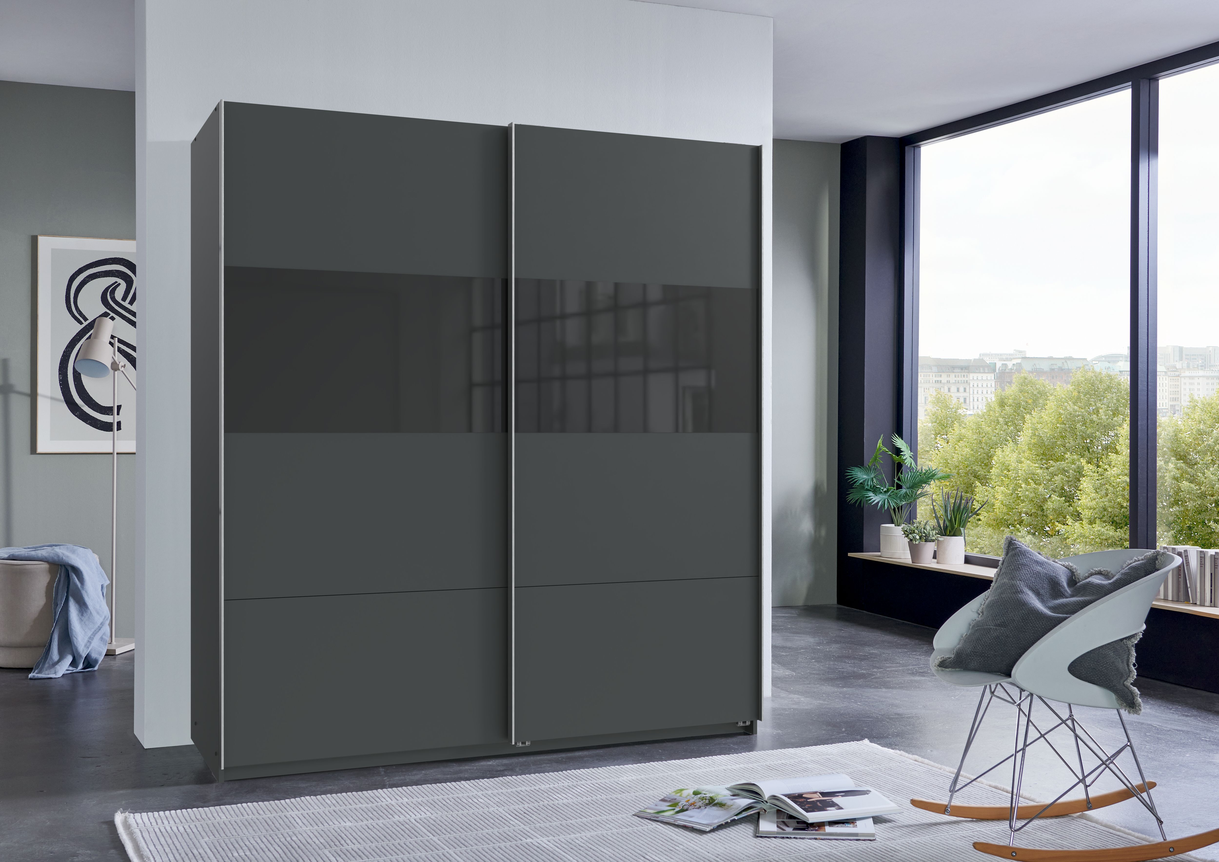 Schwebetürenschrank WIMEX "Bramfeld Kleiderschrank", schwarz (graphit, absetzung schwarzglas), B:180cm H:198cm T:64cm, Schränke, Schwebetürenschrank, mit Glaselementen und zusätzlichen Einlegeböden graphit, absetzung schwarzglas B/H/T: 180cm x 198cm x 64c