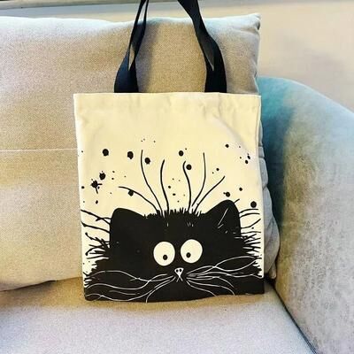Uplift Essentials Cute Cat Canvas Tote Bag With Zipper Shoulder Shopping Bag For Students And Daily Use black And White