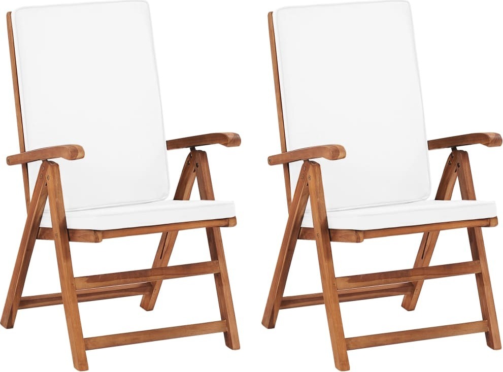 Klappbare Liegestühle mit Kissen, 2 Stück, Massivholz Teak, Creme