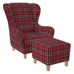 Supellex Sofia Ohrensessel mit Hocker   Design Oxford kariert Rot