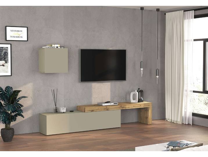 TV-Wand GOODPRODUCT Chronos TV-Set, Wohnwand – Elemente frei platzierbar, Made in Italy , beige (taube, eiche wotan), B:270cm H:190cm T:40cm, Kastenmöbel-Sets, TV-Wand, Lowboard Breite 270 cm, Hängeschrank Breite 50 cm, Made in Italy