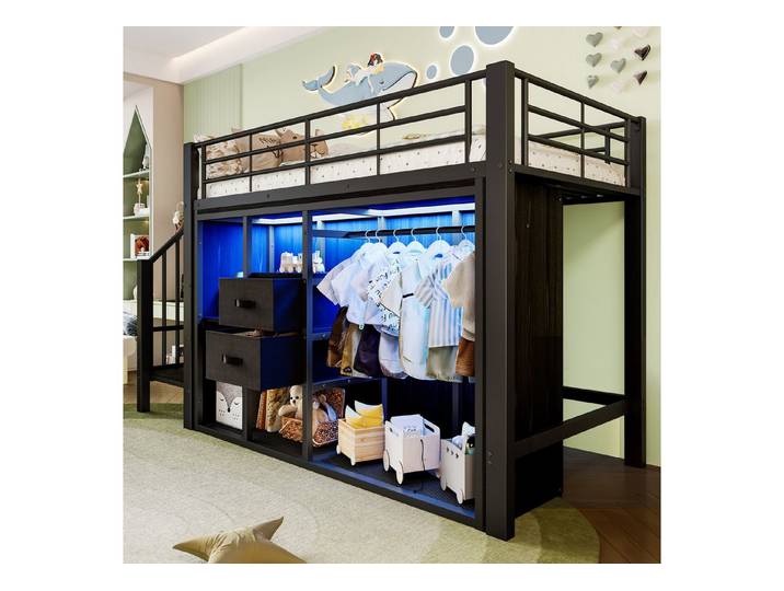 Odikalo Hochbett Metall 90x200 Schubladen Kleiderschrank LED Staufächer schwarz/weiss