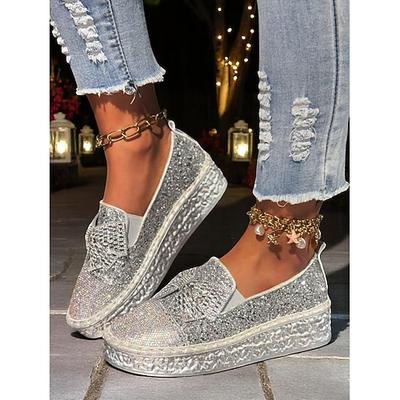 Damen-Slipper mit silbernem Glitzer-Plateau – mit Strasssteinen verziert, gepolsterte Sohle, partytauglicher Glanz für Abende, Festivals und Konzerte