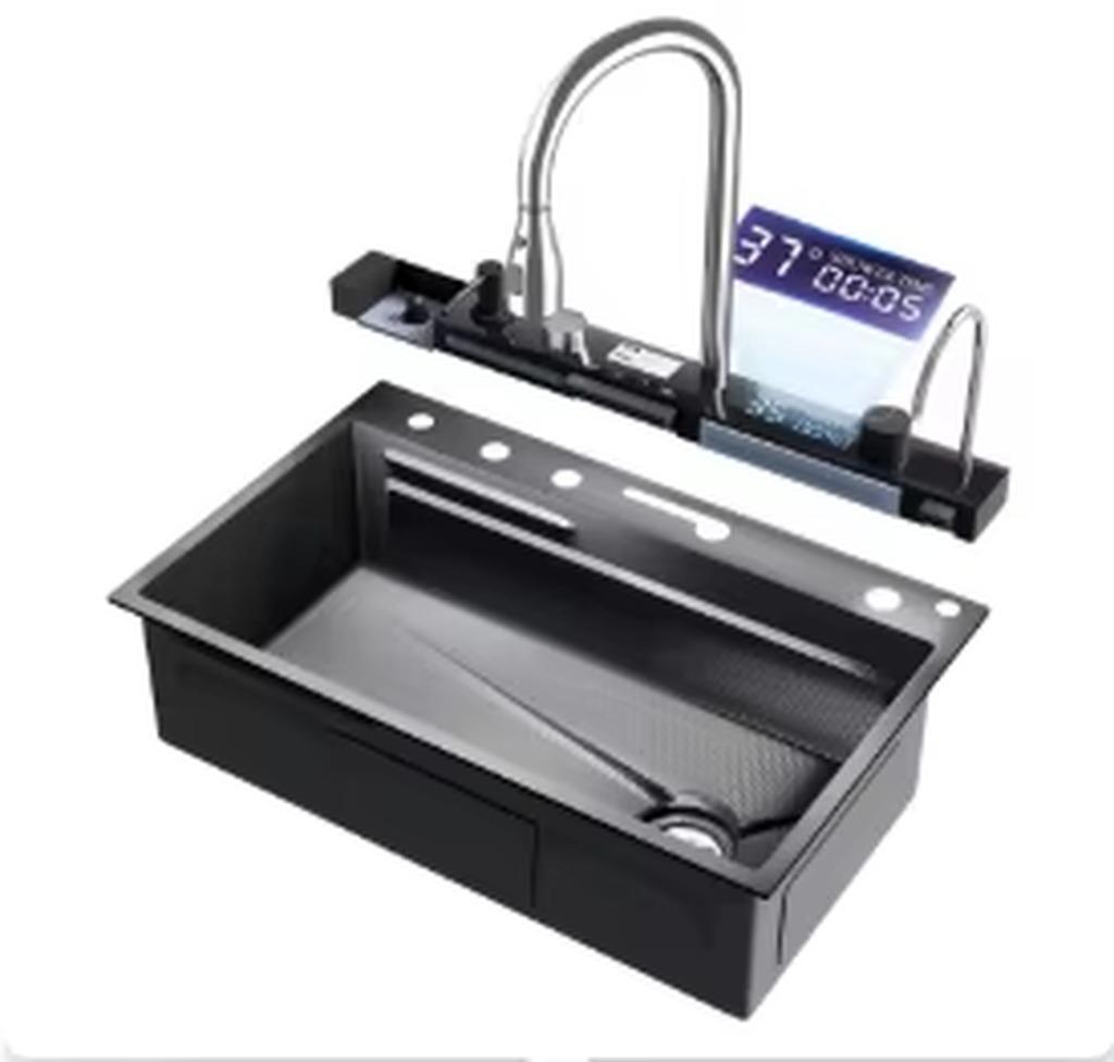 Küchenspüle mit integrierter Wasserfallarmatur - Einzelbecken - Edelstahl 304 - Digitale Temperaturanzeige - Seifenspender - Schürzenfront - Schwarz