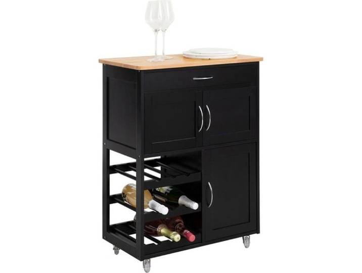 SoBuy Desserte Cuisine Noire en Bois avec Roulettes Tiroir Placards et Range-Bouteilles Meuble de Cuisine 67x38x86cm
