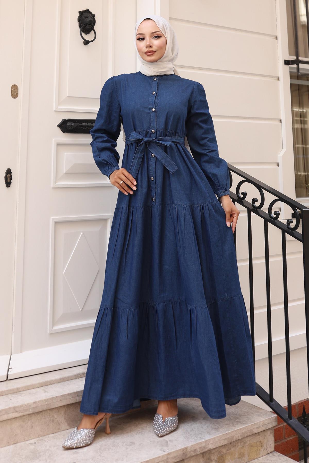 Geknöpft Layered Denim Kleid Dunkelblau