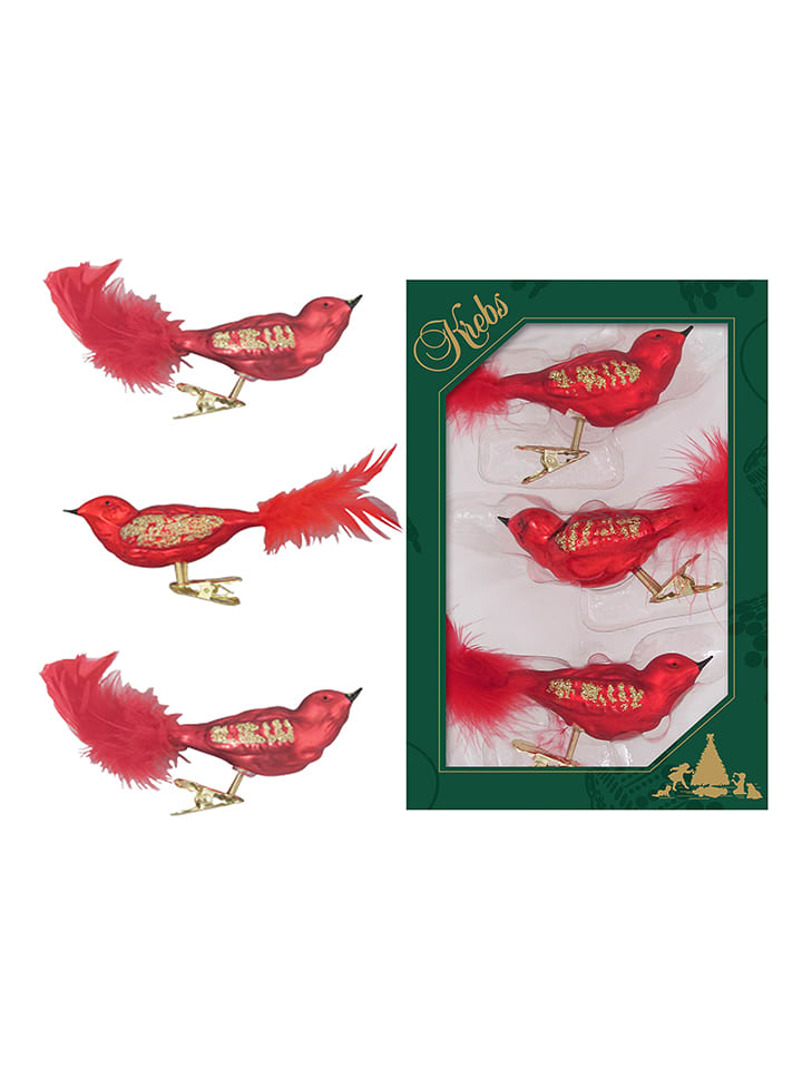 Krebs Glas Lauscha Christbaumornamente "Glasvögel" in Rot - 3 Stück - onesize