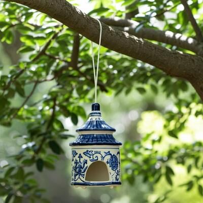Sagebrook Home "Chinoiserie Ceramic Hanging Bird House - 8"", Blue - 7.75"""