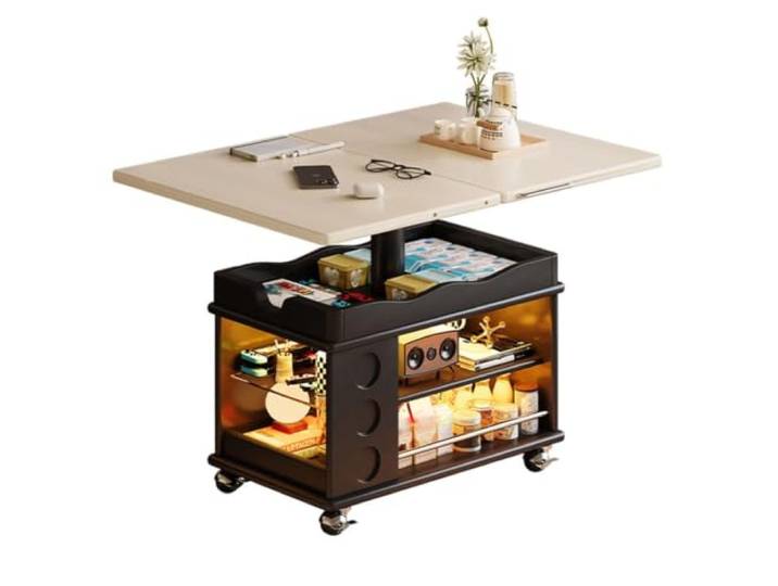 MJJRWF Höhenverstellbarer Couchtisch mit Rollen und Stauraum Neigbare Platte, Ausziehbare Seiten, Feststellbare Rollen, Beistelltisch(Style8)