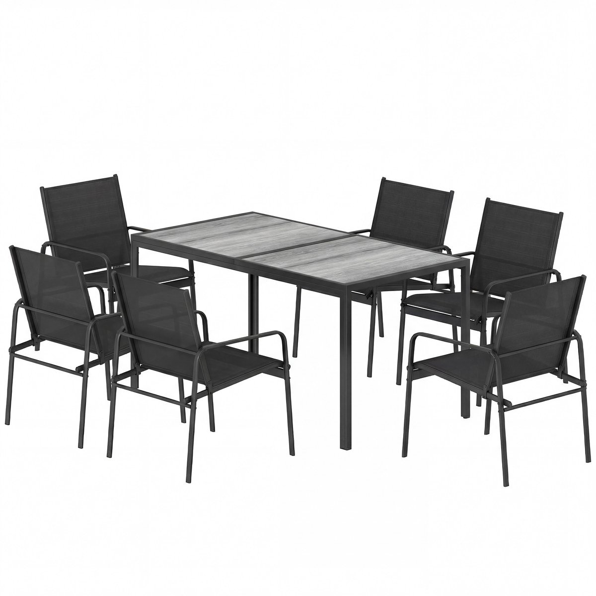 Lunpog 7-delige tuinset met eettafel en 6 stapelbare stoelen, donkergrijs met houtnerf-look en verzinkt stalen frame