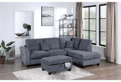 Esofastore Dark Gray Finish 3pc Sectional Sofa Accent Pillow Storage Ottoman