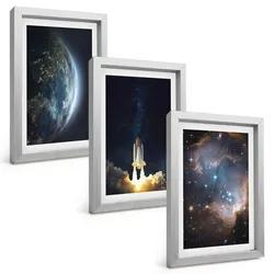BILDER SET 3er Set - 20x30 cm Silberner Rahmen - Weltraum Erde Rakete Galaxie